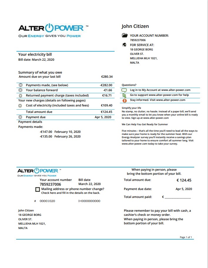 Malta AlterPower Malta proof of address utility bill template in Word and PDF format